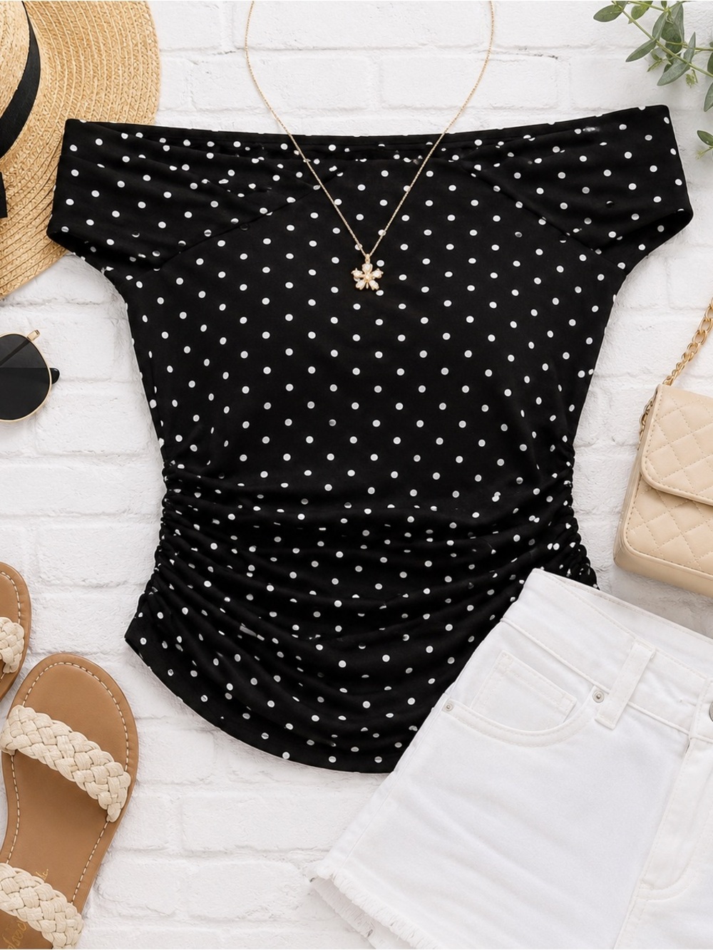 Pretty Garden Black Polka Dot Off-Shoulder Women's Top XXL